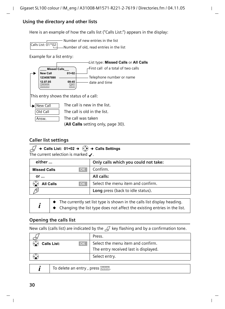 Caller list settings, Opening the calls list | Siemens Gigaset SL100 User Manual | Page 31 / 93