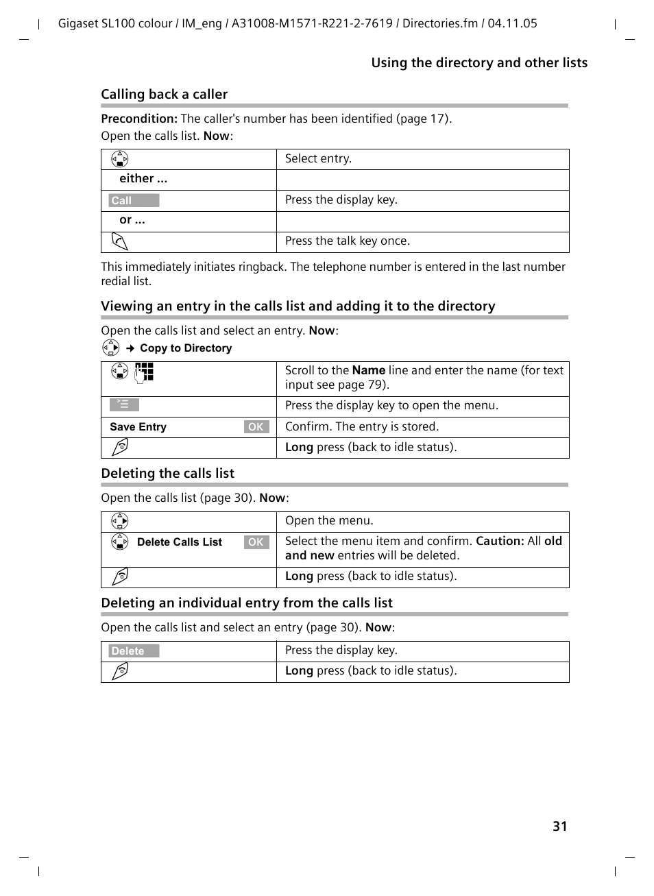 Calling back a caller, Deleting the calls list, Deleting an individual entry from the calls list | Siemens Gigaset SL100 User Manual | Page 32 / 93