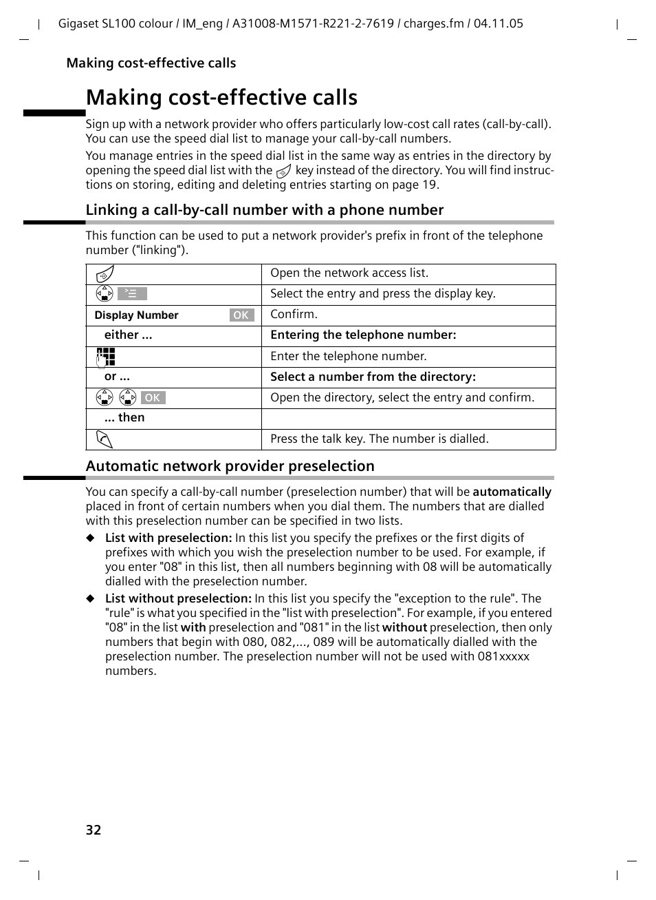 Making cost-effective calls, Linking a call-by-call number with a phone number, Automatic network provider preselection | Siemens Gigaset SL100 User Manual | Page 33 / 93