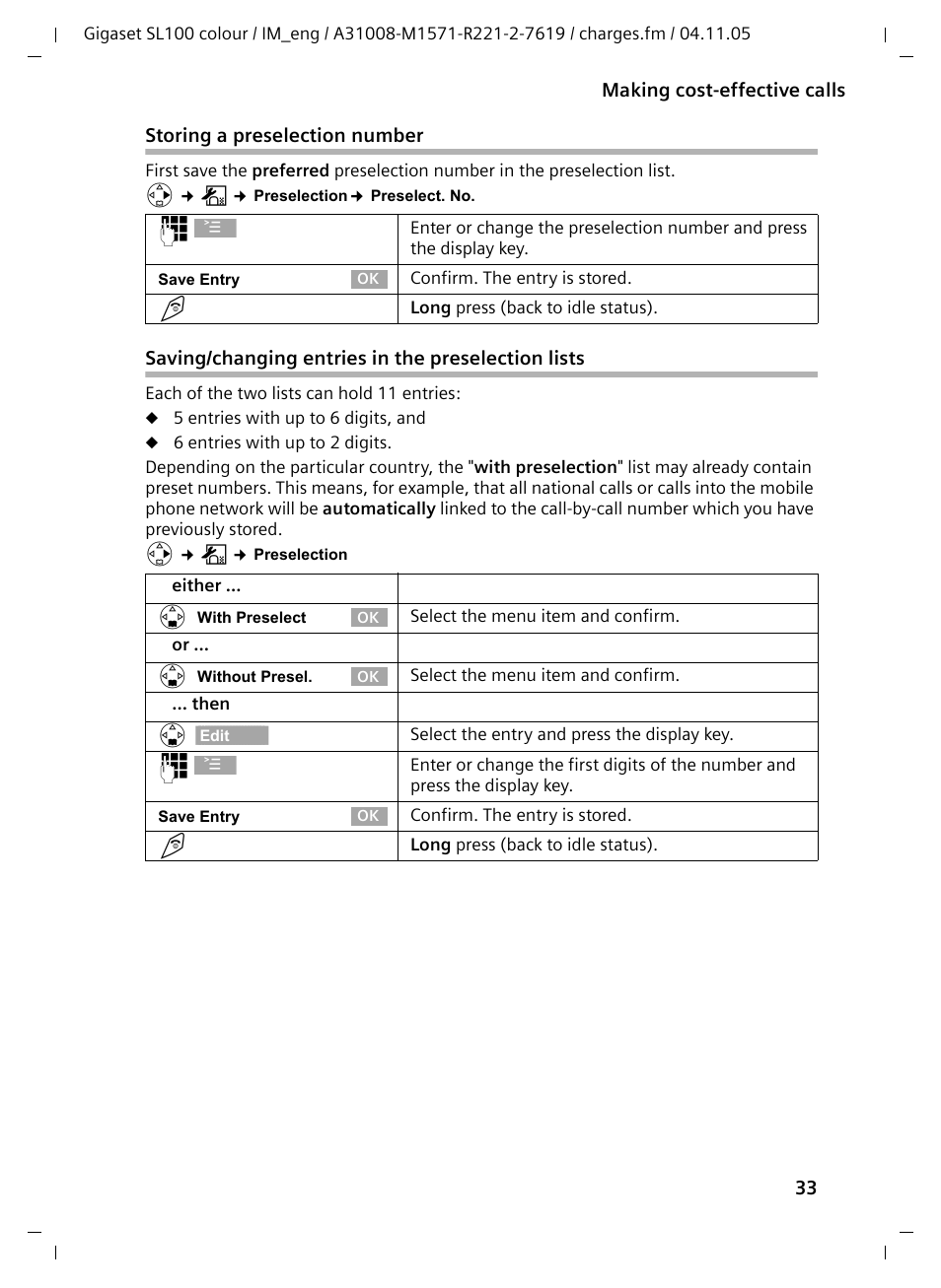 Storing a preselection number, Saving/changing entries in the preselection lists | Siemens Gigaset SL100 User Manual | Page 34 / 93