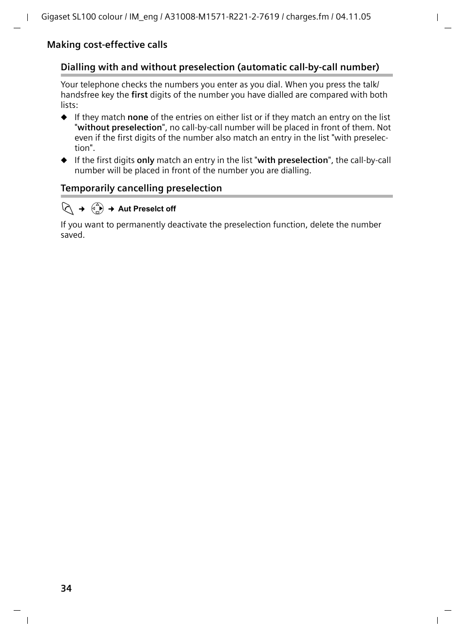 Temporarily cancelling preselection | Siemens Gigaset SL100 User Manual | Page 35 / 93