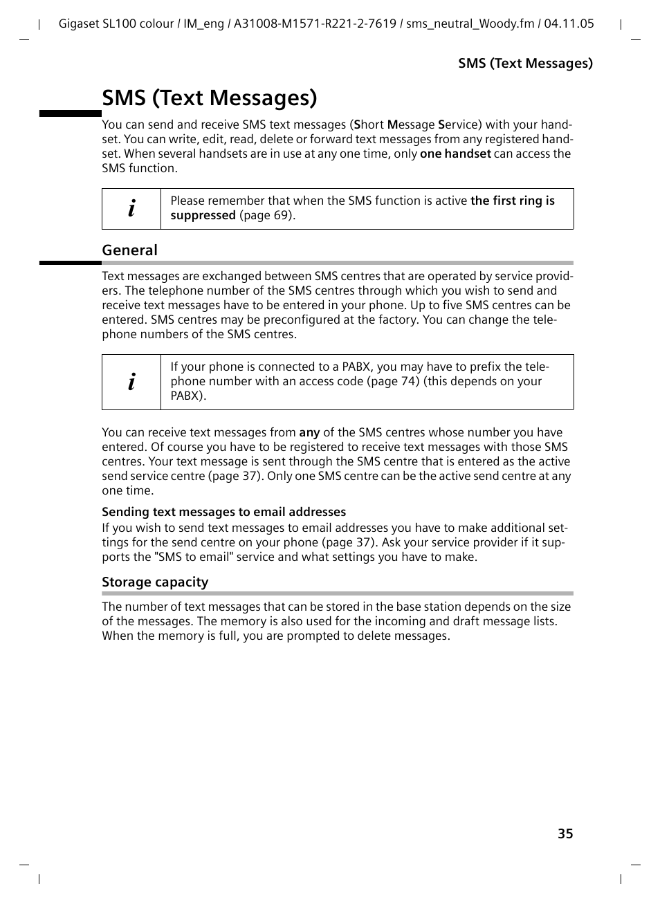 Sms (text messages), General, Storage capacity | Siemens Gigaset SL100 User Manual | Page 36 / 93