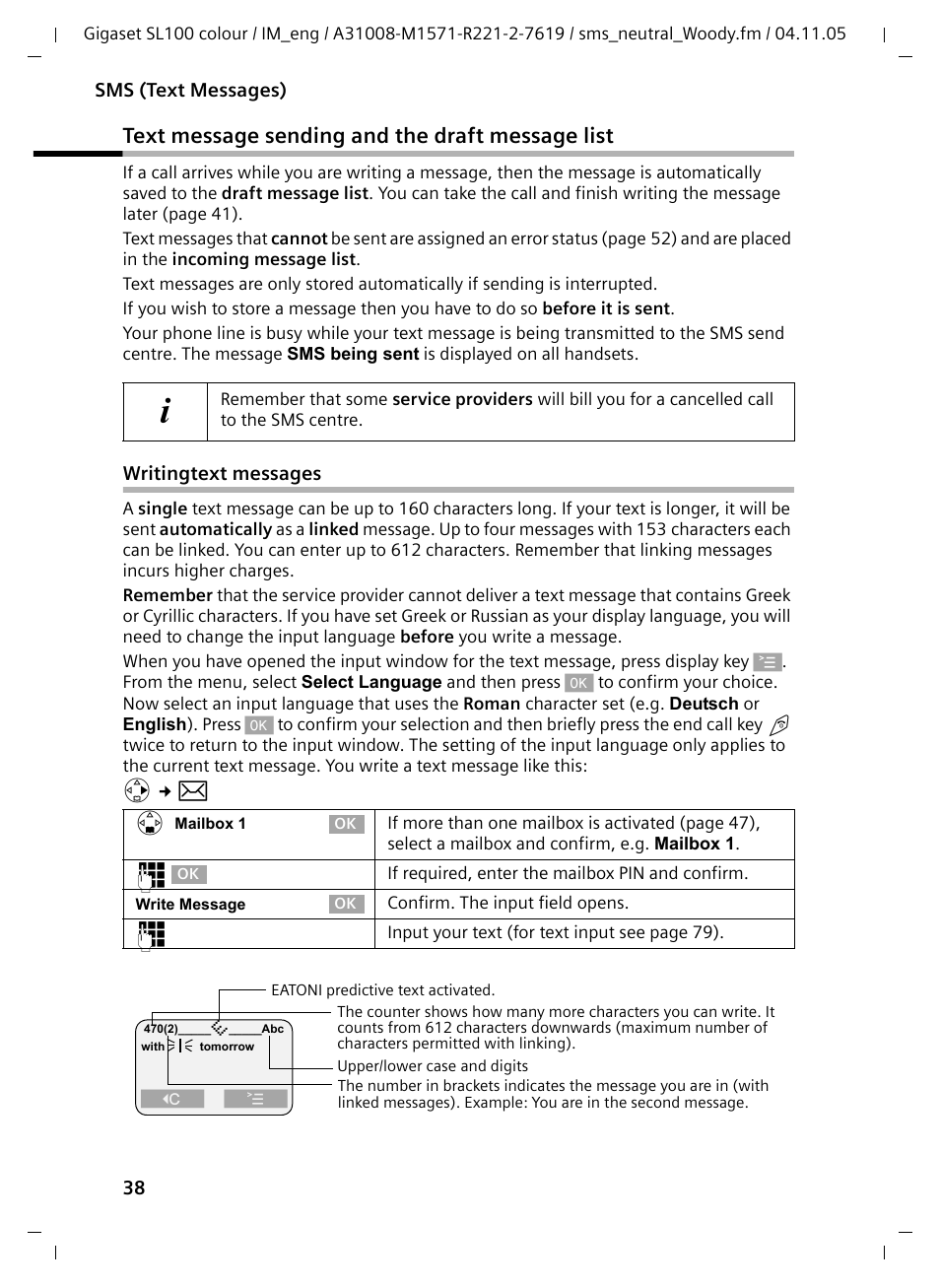 Text message sending and the draft message list, Writingtext messages | Siemens Gigaset SL100 User Manual | Page 39 / 93