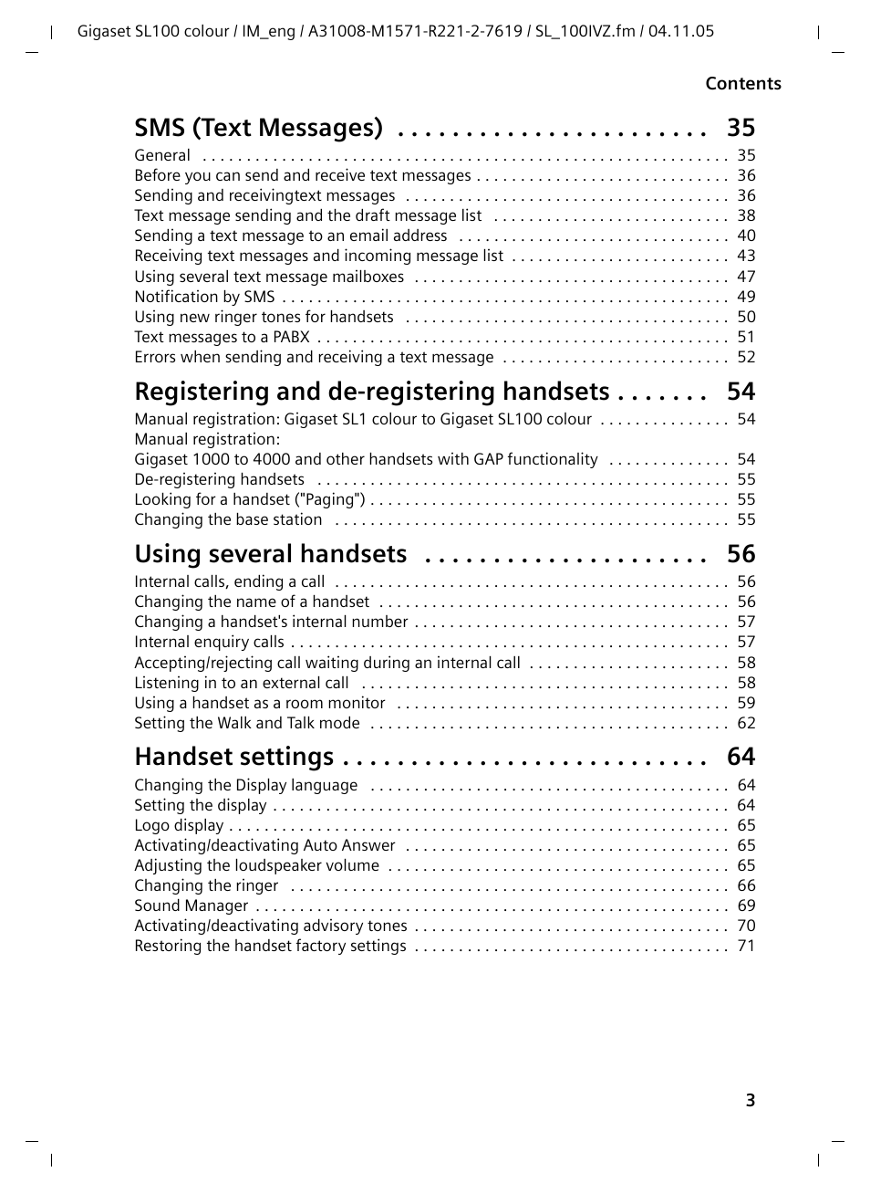 Sms (text messages), Registering and de-registering handsets, Using several handsets | Handset settings | Siemens Gigaset SL100 User Manual | Page 4 / 93