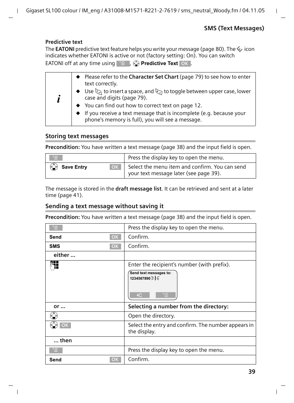 Storing text messages, Sending a text message without saving it | Siemens Gigaset SL100 User Manual | Page 40 / 93