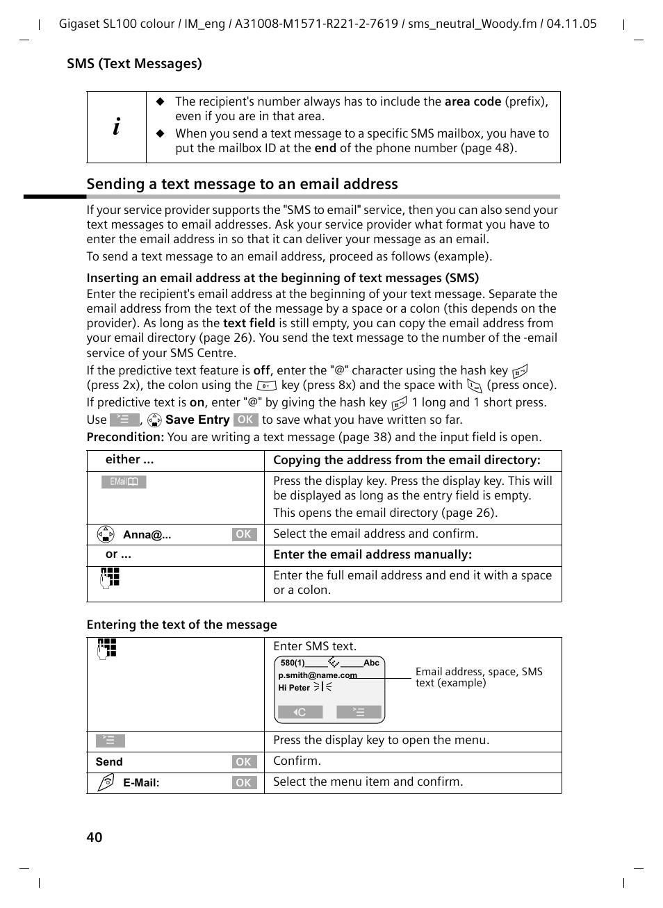 Sending a text message to an email address | Siemens Gigaset SL100 User Manual | Page 41 / 93