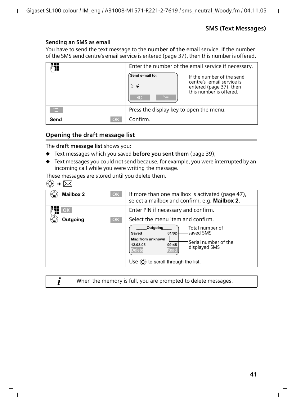 Opening the draft message list | Siemens Gigaset SL100 User Manual | Page 42 / 93