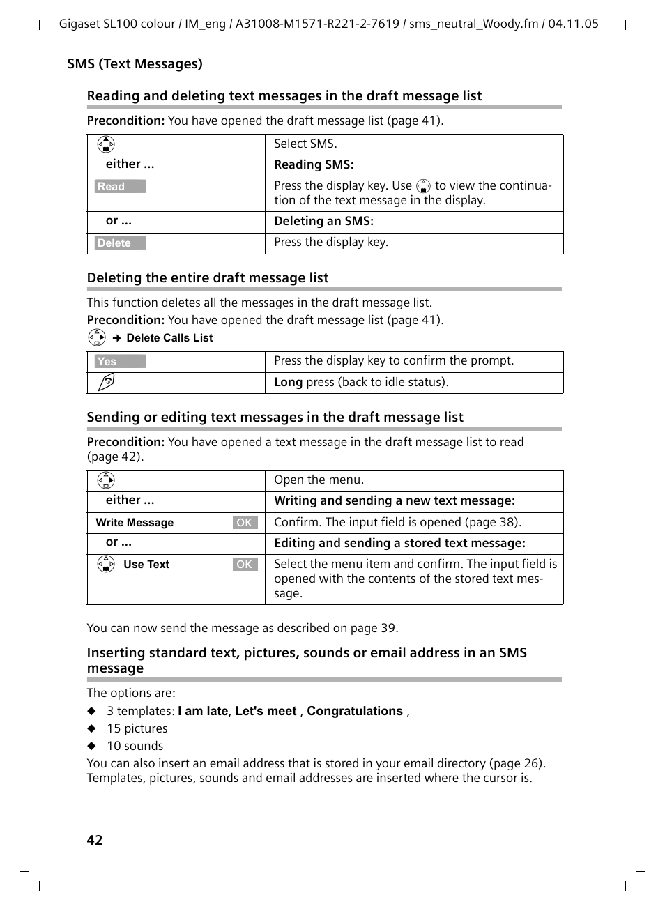 Deleting the entire draft message list | Siemens Gigaset SL100 User Manual | Page 43 / 93