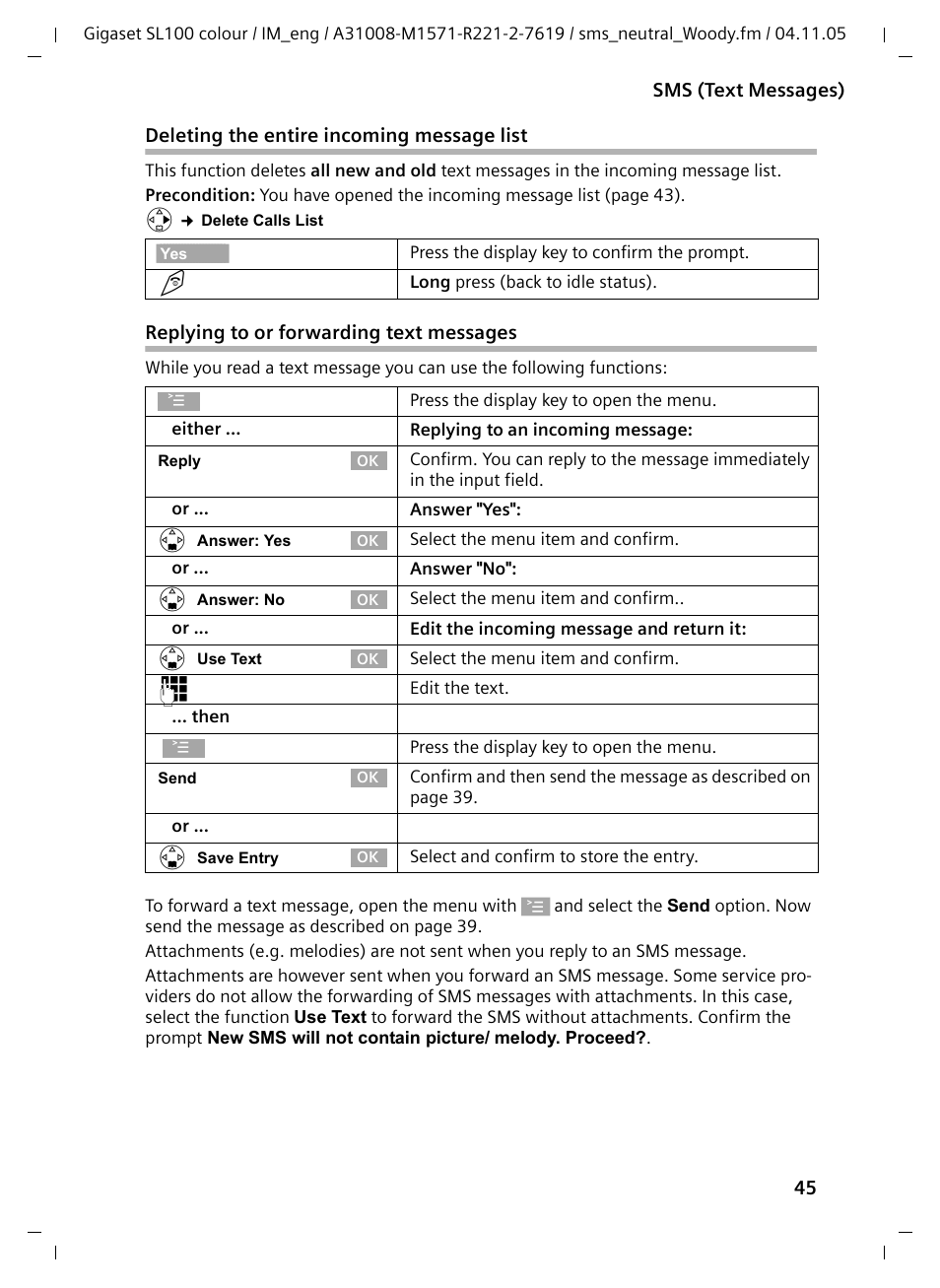 Deleting the entire incoming message list, Replying to or forwarding text messages | Siemens Gigaset SL100 User Manual | Page 46 / 93