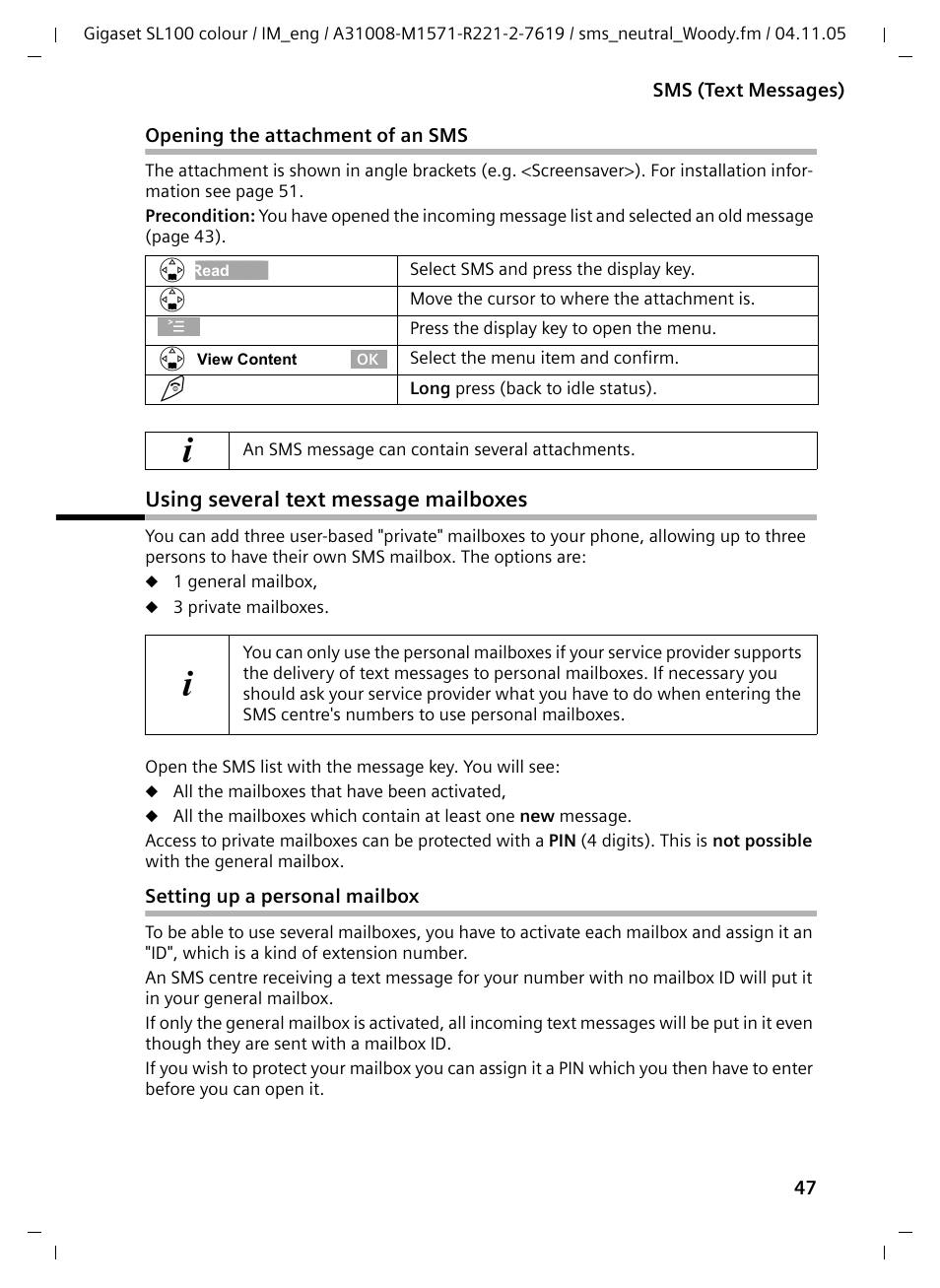 Opening the attachment of an sms, Using several text message mailboxes, Setting up a personal mailbox | Siemens Gigaset SL100 User Manual | Page 48 / 93