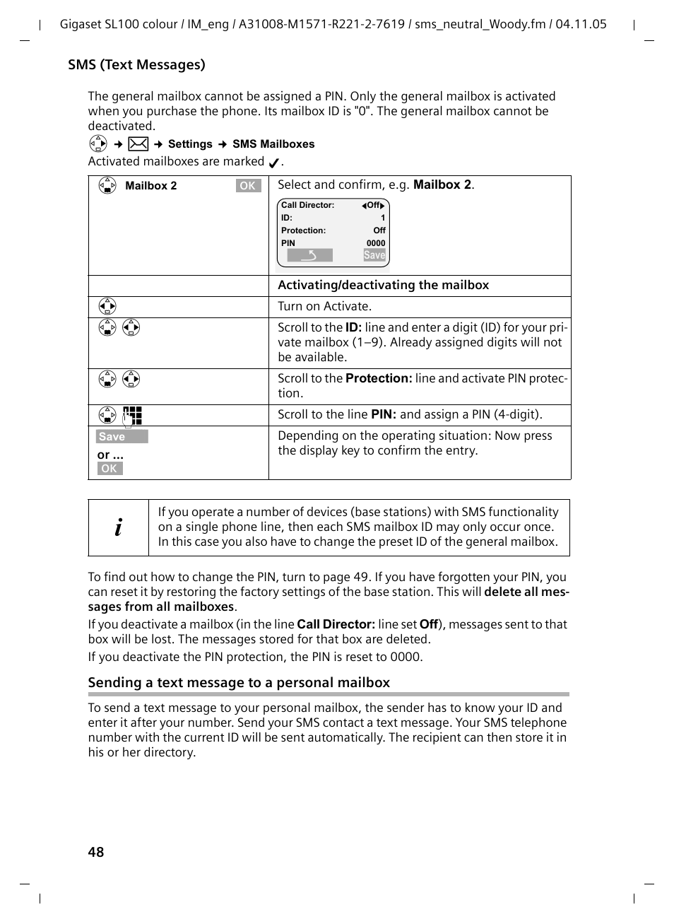 Sending a text message to a personal mailbox | Siemens Gigaset SL100 User Manual | Page 49 / 93