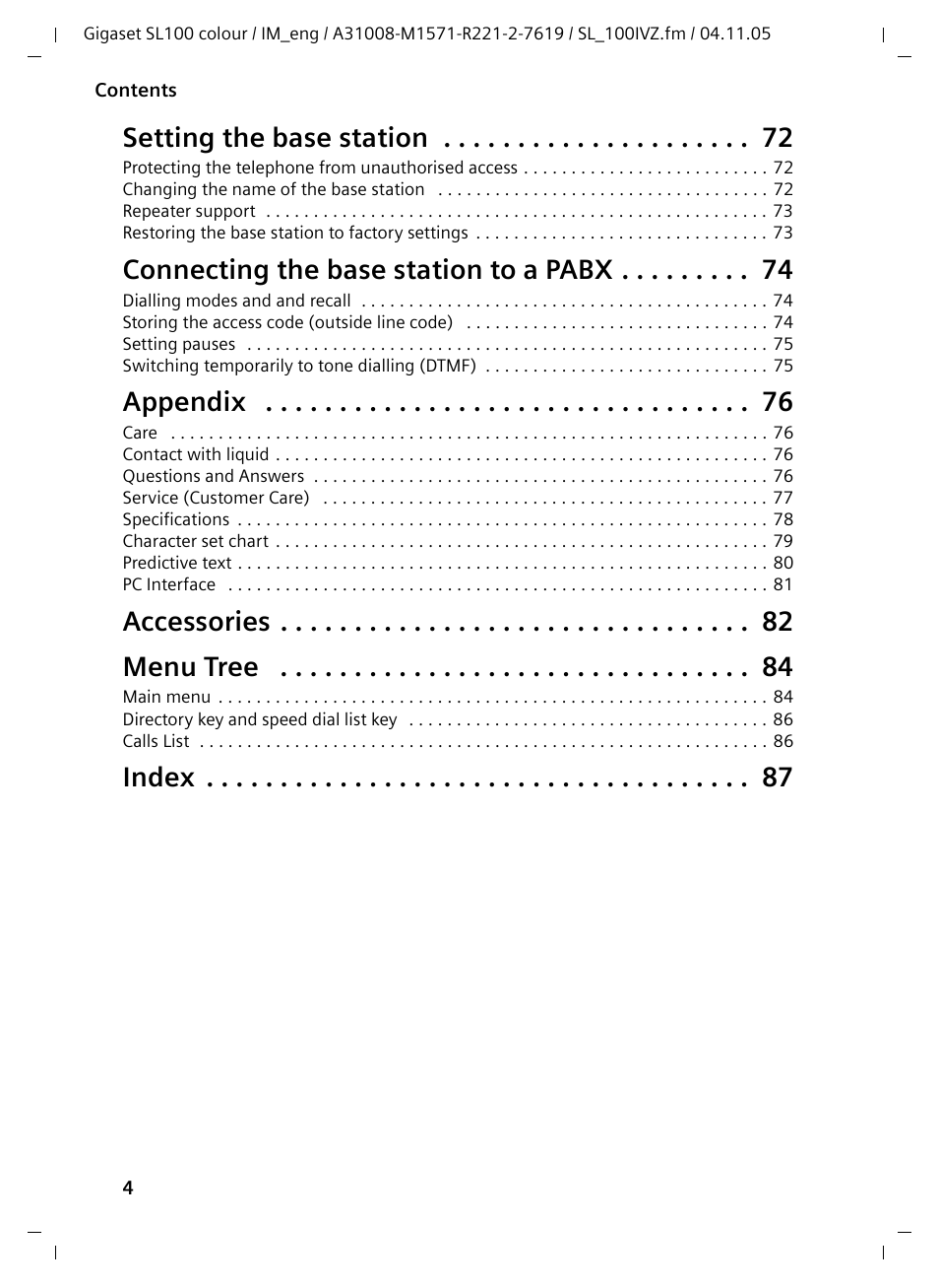 Setting the base station, Connecting the base station to a pabx, Appendix | Accessories menu tree, Index | Siemens Gigaset SL100 User Manual | Page 5 / 93