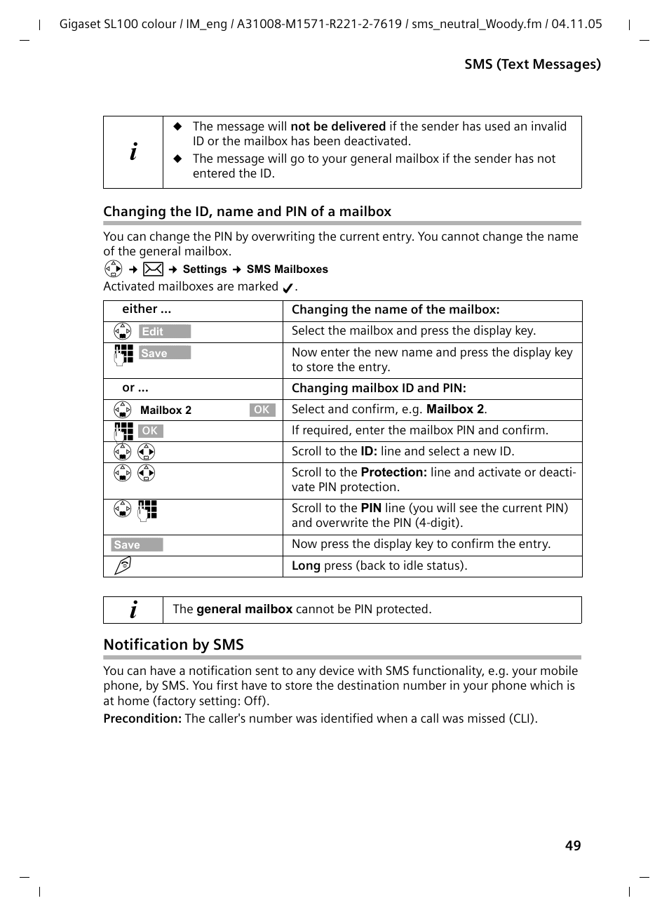 Changing the id, name and pin of a mailbox, Notification by sms | Siemens Gigaset SL100 User Manual | Page 50 / 93