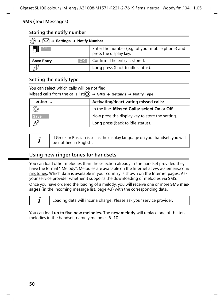 Storing the notify number, Setting the notify type, Using new ringer tones for handsets | Siemens Gigaset SL100 User Manual | Page 51 / 93