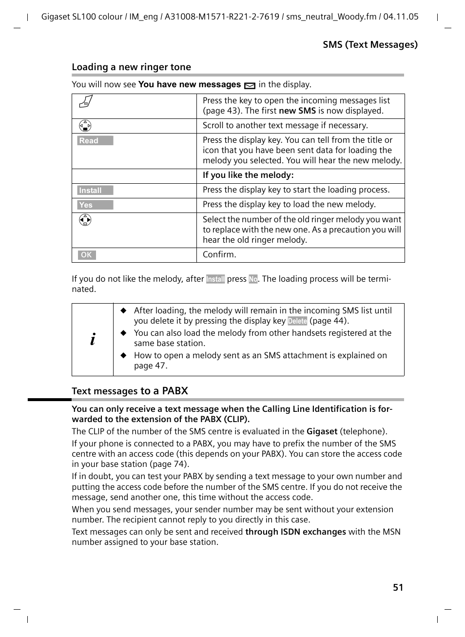 Loading a new ringer tone, Text messages to a pabx | Siemens Gigaset SL100 User Manual | Page 52 / 93