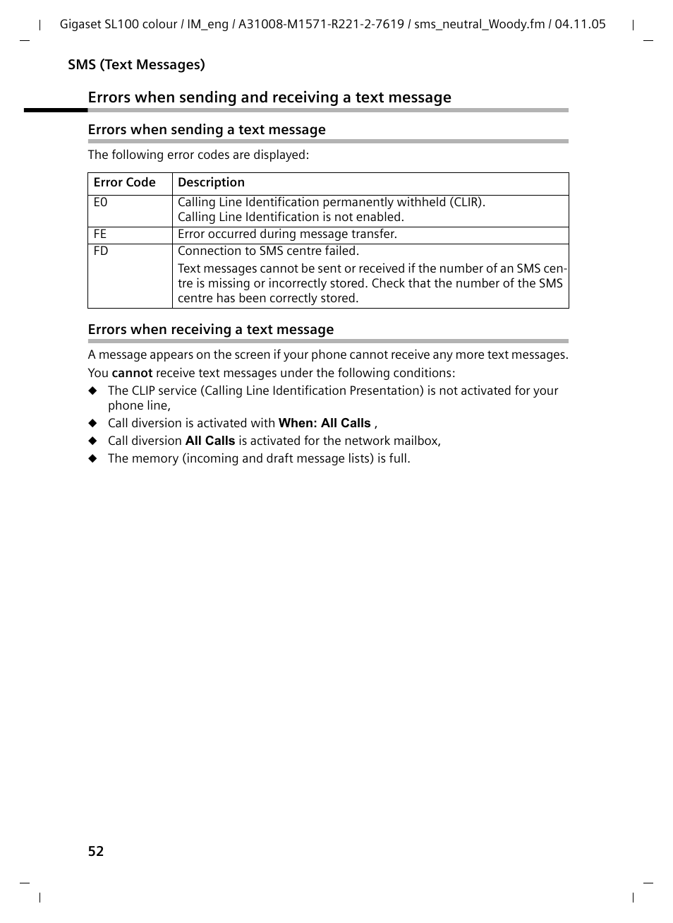 Errors when sending and receiving a text message, Errors when sending a text message, Errors when receiving a text message | Siemens Gigaset SL100 User Manual | Page 53 / 93