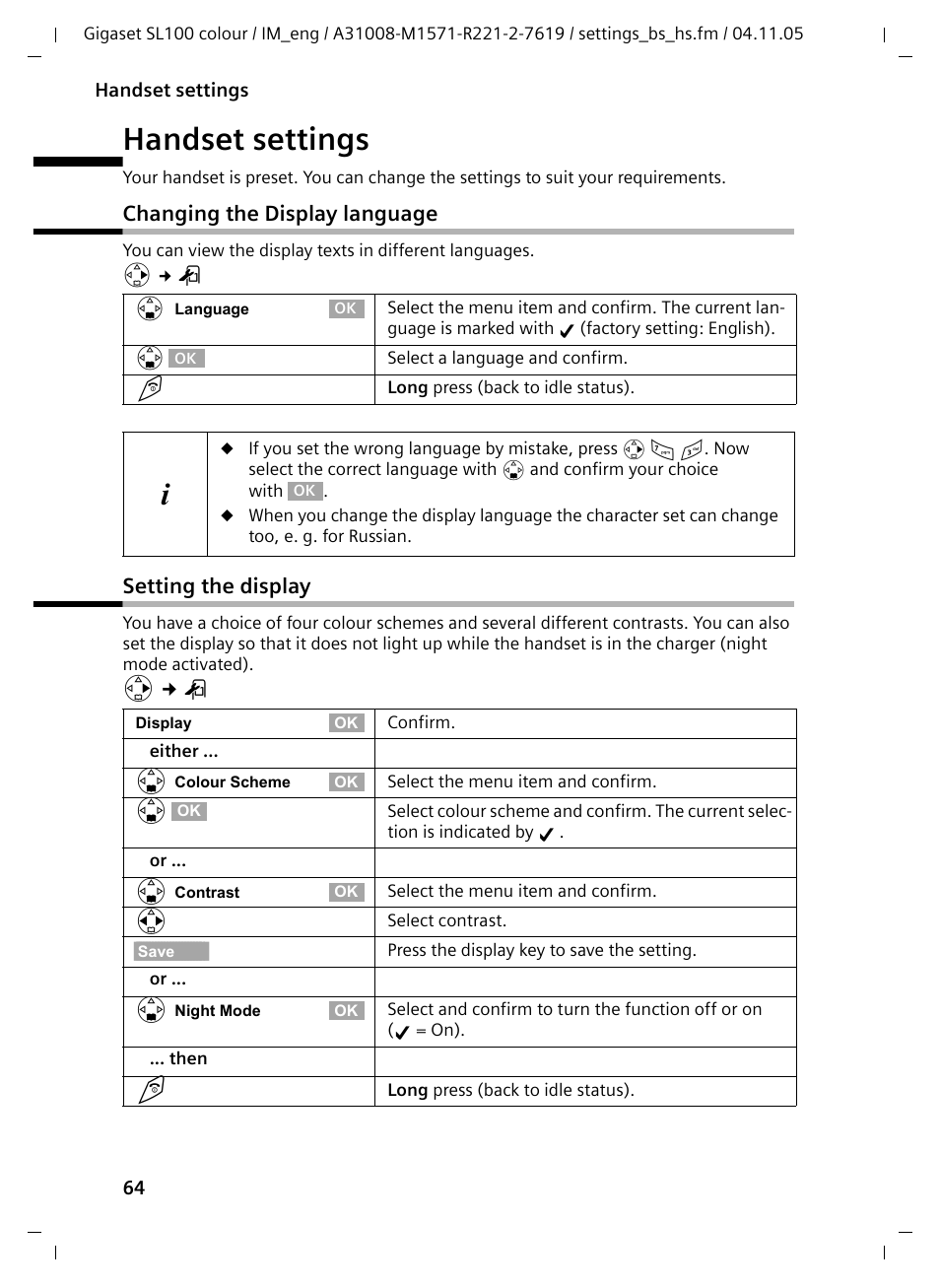 Handset settings, Changing the display language, Setting the display | Changing the display language setting the display | Siemens Gigaset SL100 User Manual | Page 55 / 93