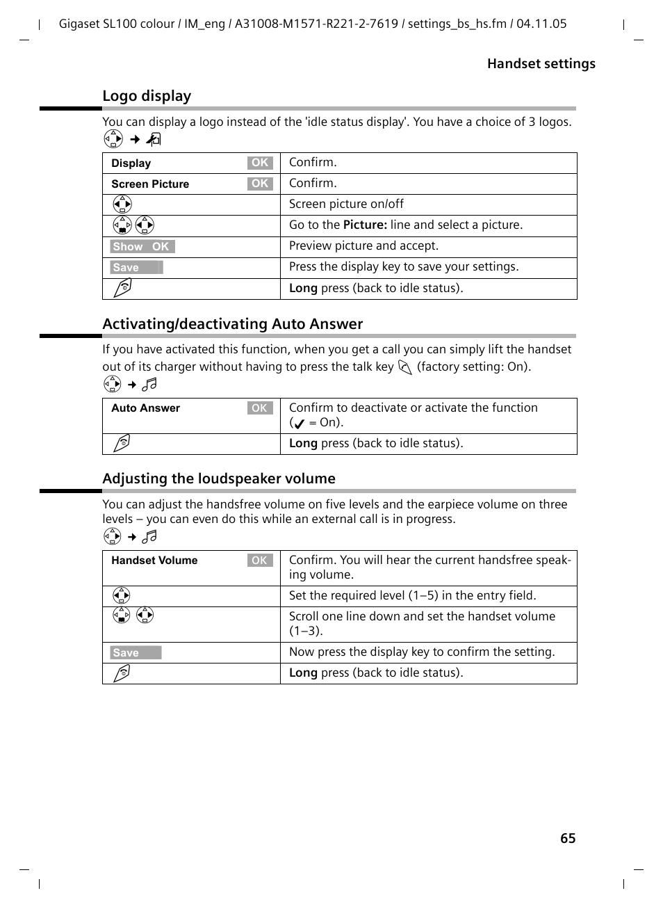 Logo display, Activating/deactivating auto answer, Adjusting the loudspeaker volume | Ìactivating/deactivating auto answer | Siemens Gigaset SL100 User Manual | Page 56 / 93