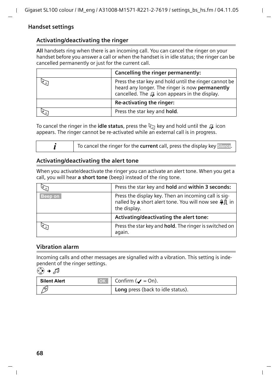 Activating/deactivating the ringer, Activating/deactivating the alert tone, Vibration alarm | Siemens Gigaset SL100 User Manual | Page 59 / 93