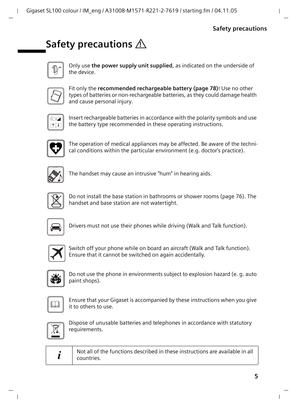 Safety precautions | Siemens Gigaset SL100 User Manual | Page 6 / 93