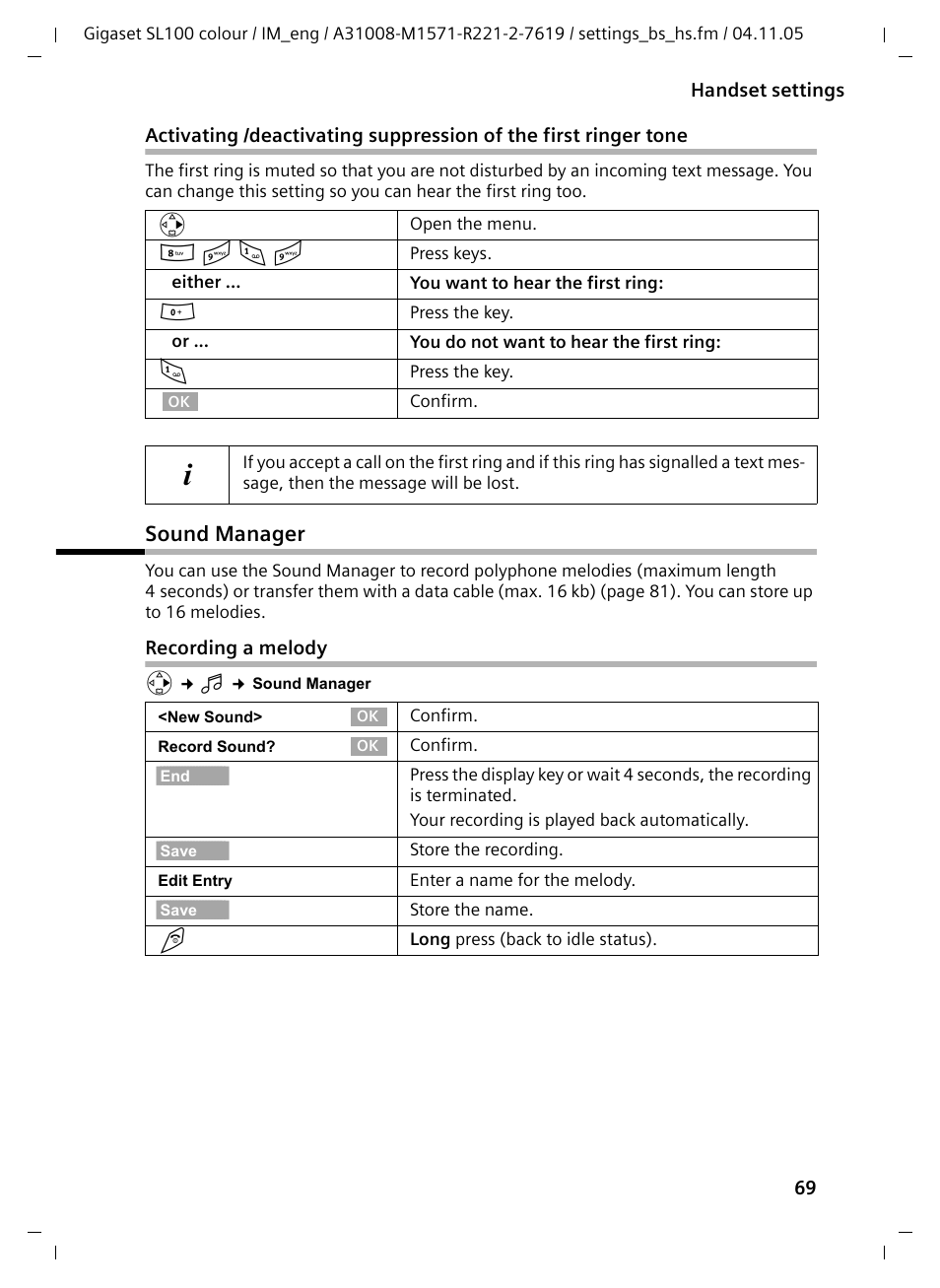 Sound manager, Recording a melody, N o 1 o | Siemens Gigaset SL100 User Manual | Page 60 / 93