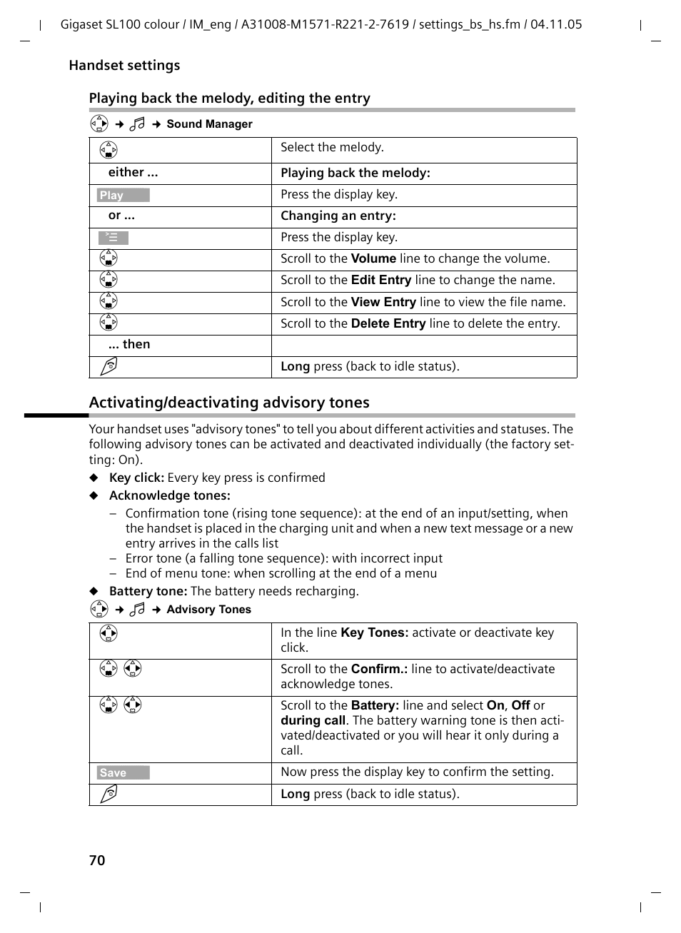 Playing back the melody, editing the entry, Activating/deactivating advisory tones | Siemens Gigaset SL100 User Manual | Page 61 / 93