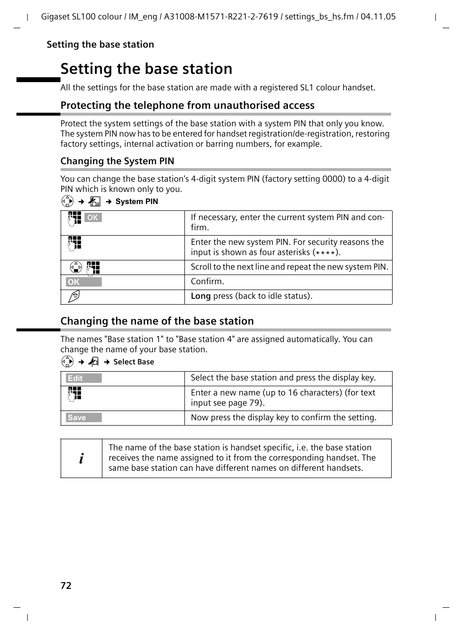 Setting the base station, Protecting the telephone from unauthorised access, Changing the system pin | Changing the name of the base station | Siemens Gigaset SL100 User Manual | Page 63 / 93