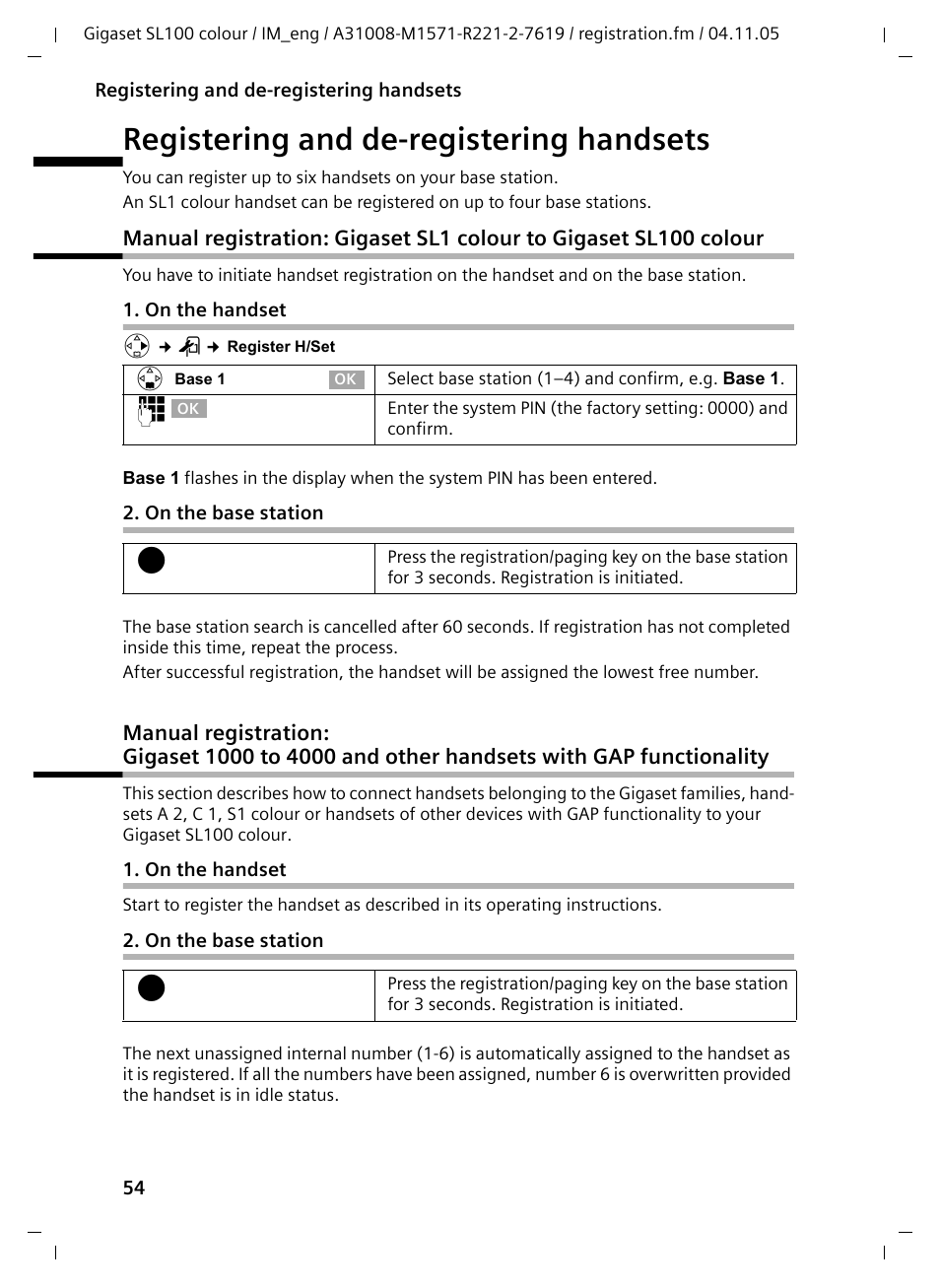 Registering and de-registering handsets, On the handset, On the base station | Siemens Gigaset SL100 User Manual | Page 65 / 93