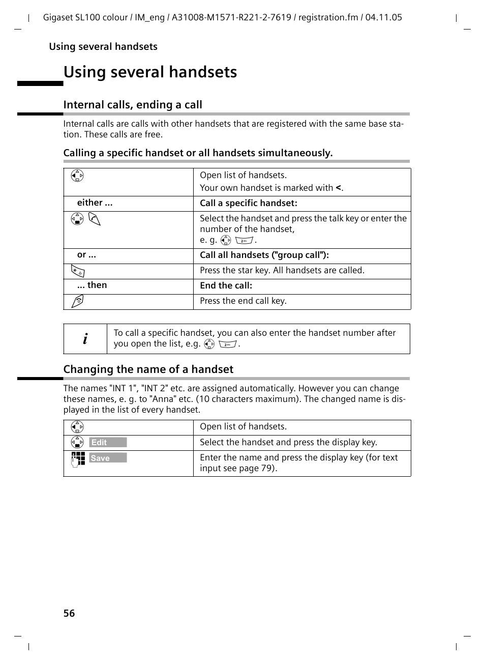 Using several handsets, Internal calls, ending a call, Changing the name of a handset | Siemens Gigaset SL100 User Manual | Page 67 / 93