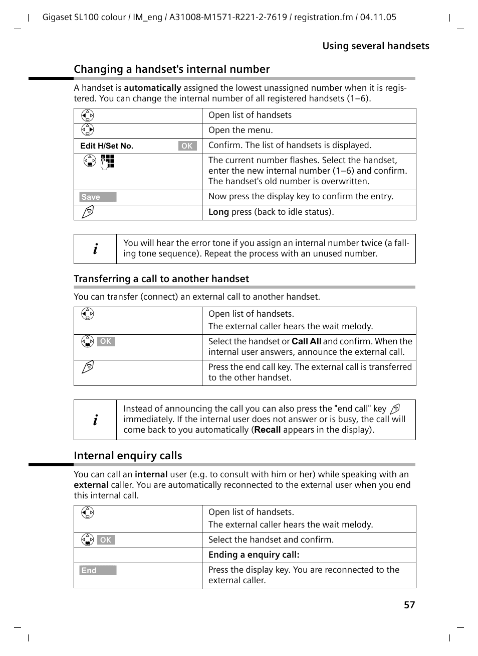 Changing a handset's internal number, Transferring a call to another handset, Internal enquiry calls | Siemens Gigaset SL100 User Manual | Page 68 / 93