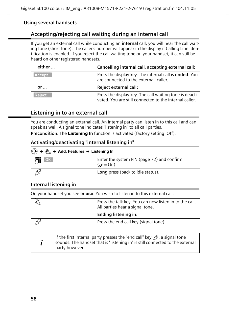 Listening in to an external call, Activating/deactivating "internal listening in, Internal listening in | Siemens Gigaset SL100 User Manual | Page 69 / 93