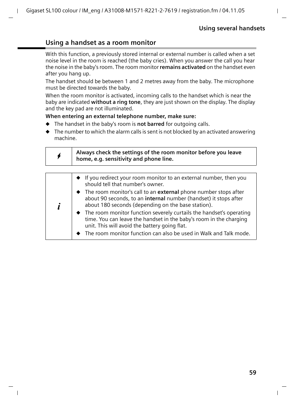 Using a handset as a room monitor | Siemens Gigaset SL100 User Manual | Page 70 / 93