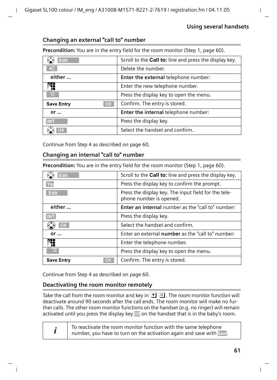 Changing an external "call to" number, Changing an internal "call to" number, Deactivating the room monitor remotely | Siemens Gigaset SL100 User Manual | Page 72 / 93