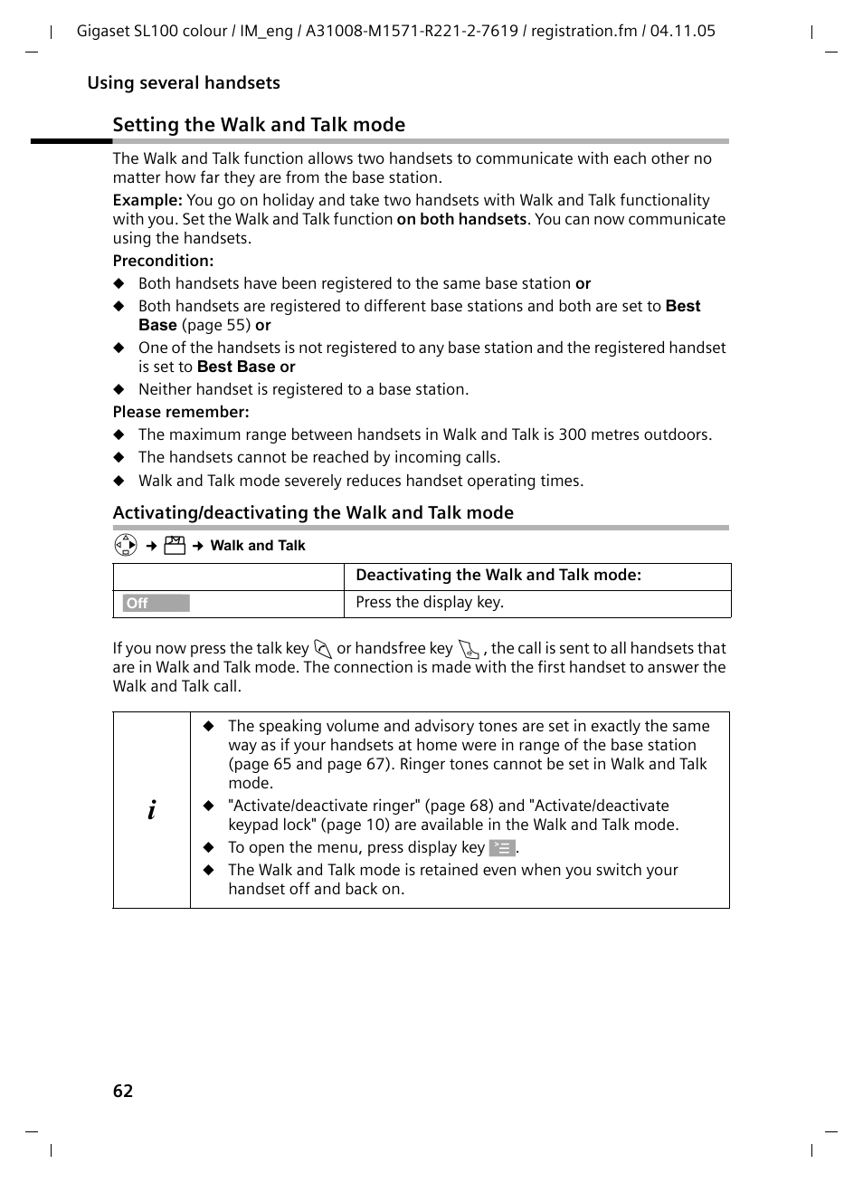 Setting the walk and talk mode, Activating/deactivating the walk and talk mode | Siemens Gigaset SL100 User Manual | Page 73 / 93