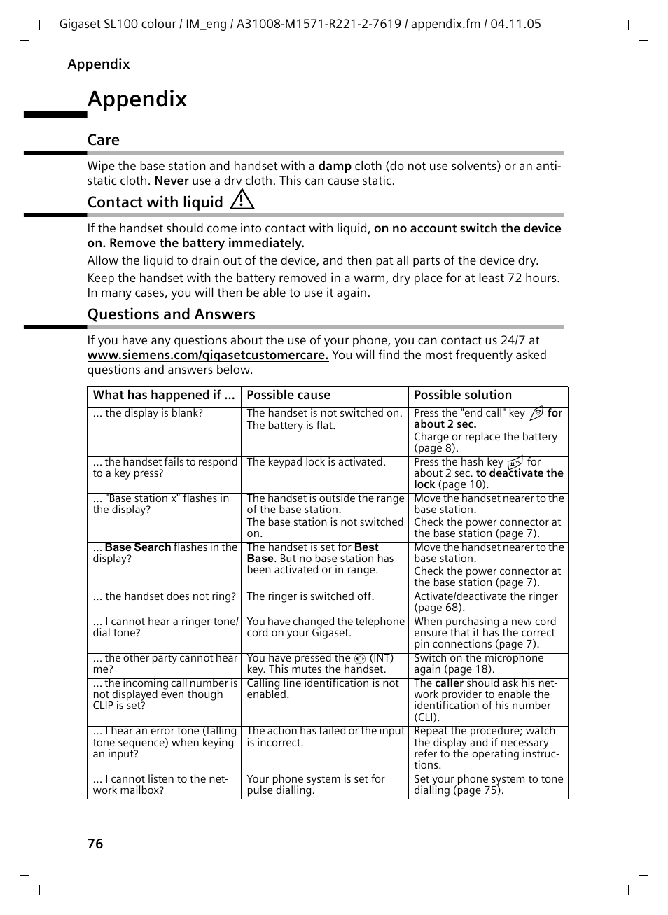 Appendix, Care, Contact with liquid | Questions and answers, Care contact with liquid questions and answers | Siemens Gigaset SL100 User Manual | Page 77 / 93