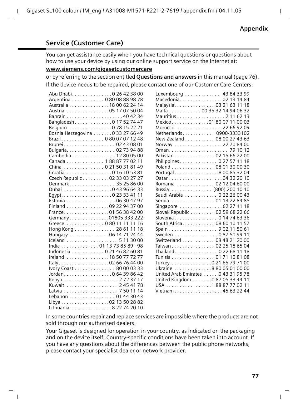 Service (customer care), 77 appendix | Siemens Gigaset SL100 User Manual | Page 78 / 93