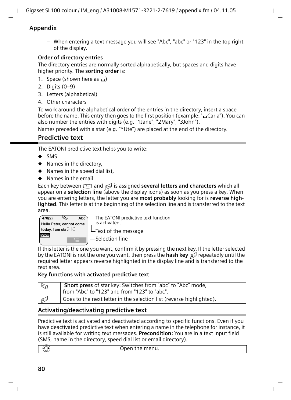 Predictive text, Activating/deactivating predictive text | Siemens Gigaset SL100 User Manual | Page 81 / 93