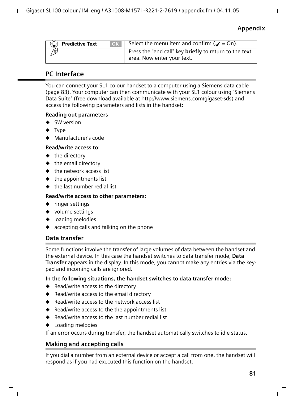 Pc interface, Data transfer, Making and accepting calls | Siemens Gigaset SL100 User Manual | Page 82 / 93