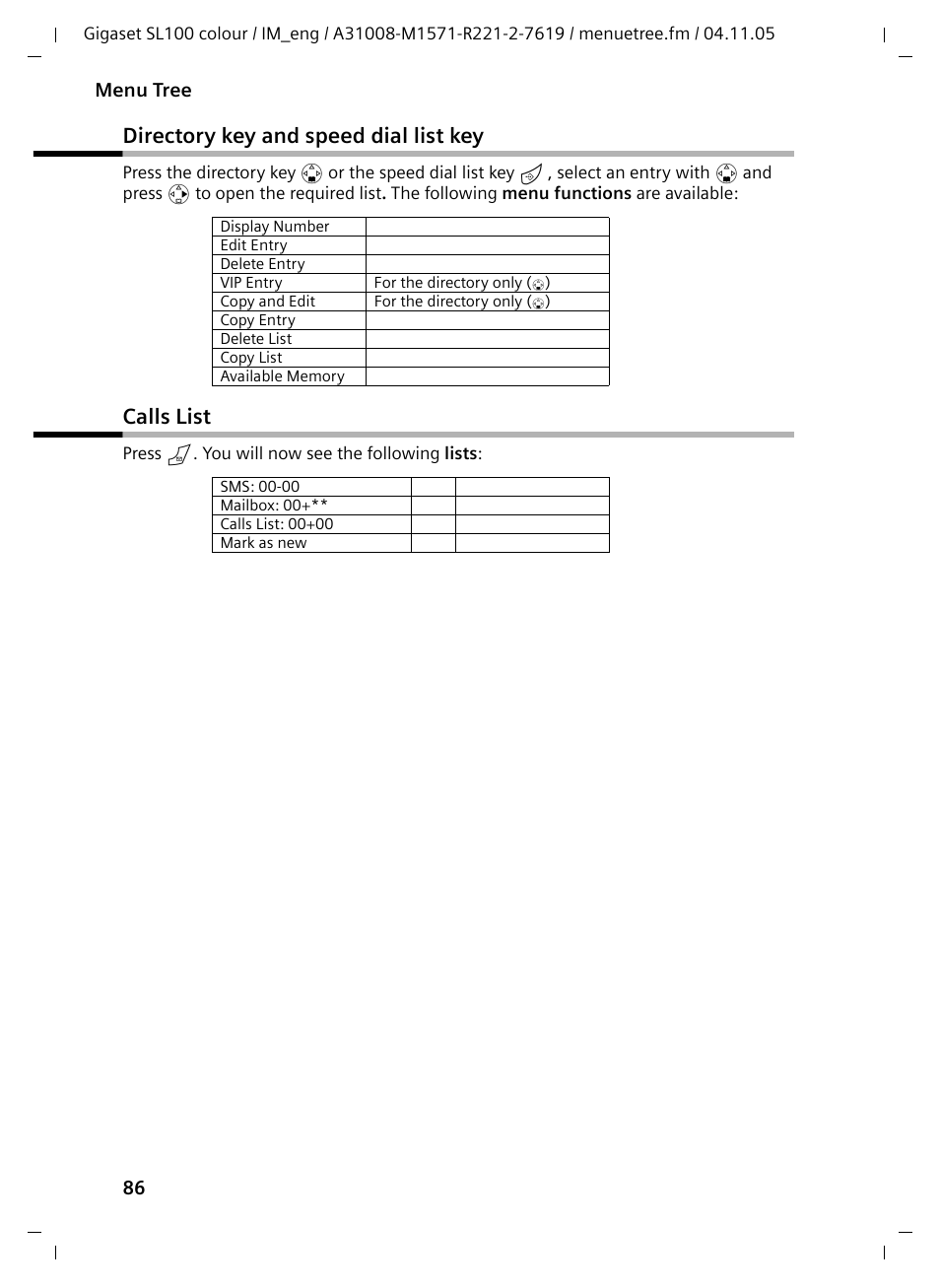 Directory key and speed dial list key, Calls list, Directory key and speed dial list key calls list | Siemens Gigaset SL100 User Manual | Page 87 / 93