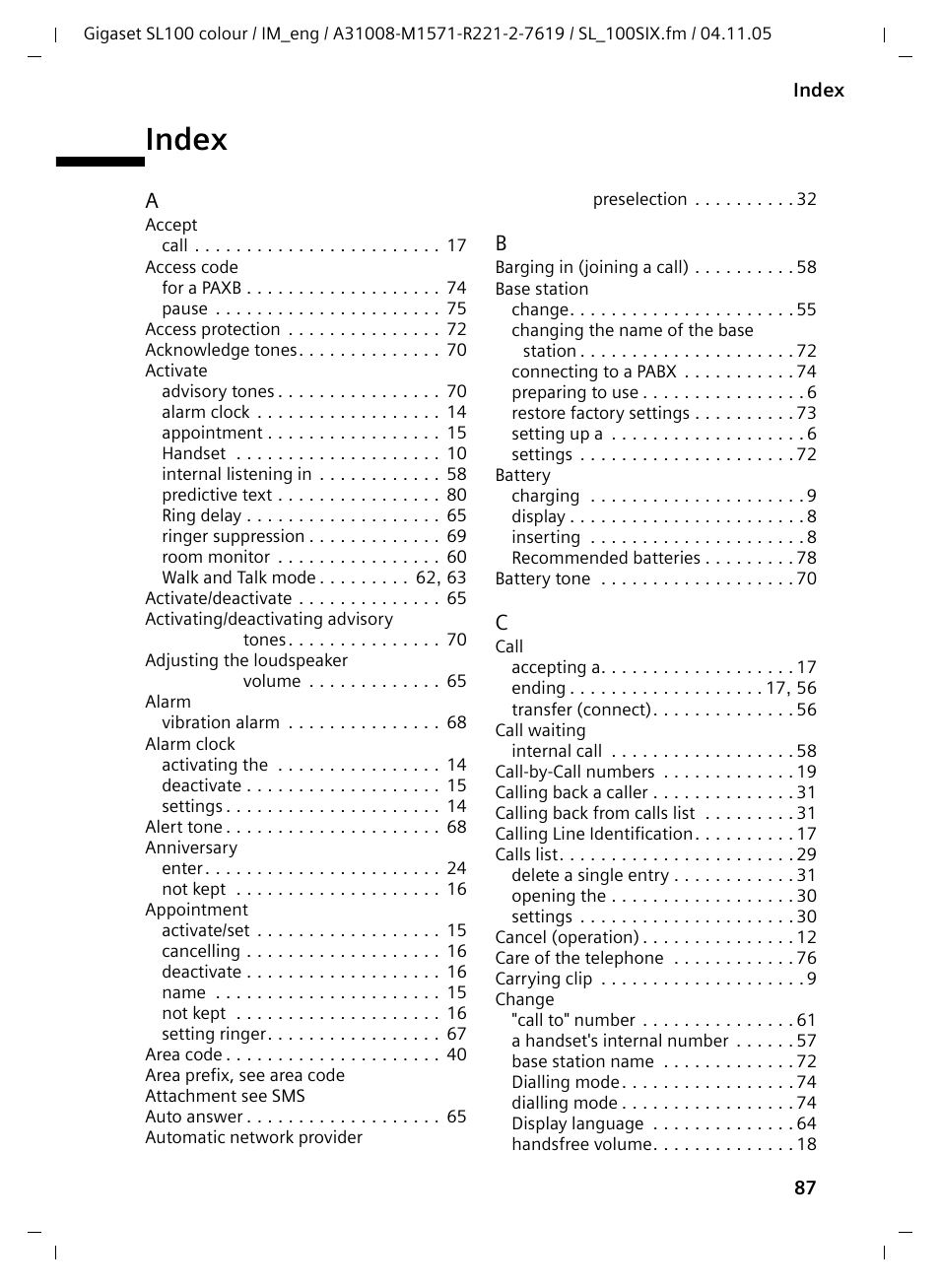 Index | Siemens Gigaset SL100 User Manual | Page 88 / 93