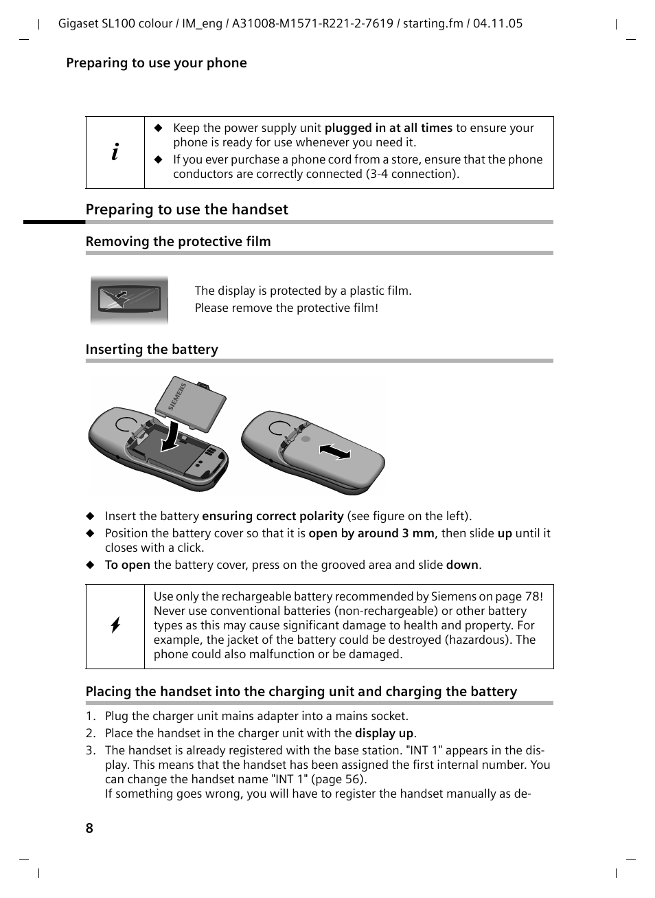 Preparing to use the handset, Removing the protective film, Inserting the battery | Siemens Gigaset SL100 User Manual | Page 9 / 93