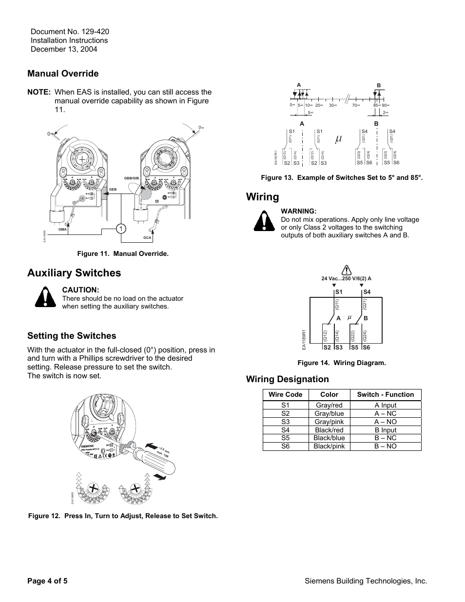 Auxiliary switches, Wiring, Manual override | Setting the switches, Wiring designation, Caution, Page 4 of 5 siemens building technologies, inc, Figure 11. manual override, Figure 14. wiring diagram | Siemens ASC77.2U User Manual | Page 4 / 5