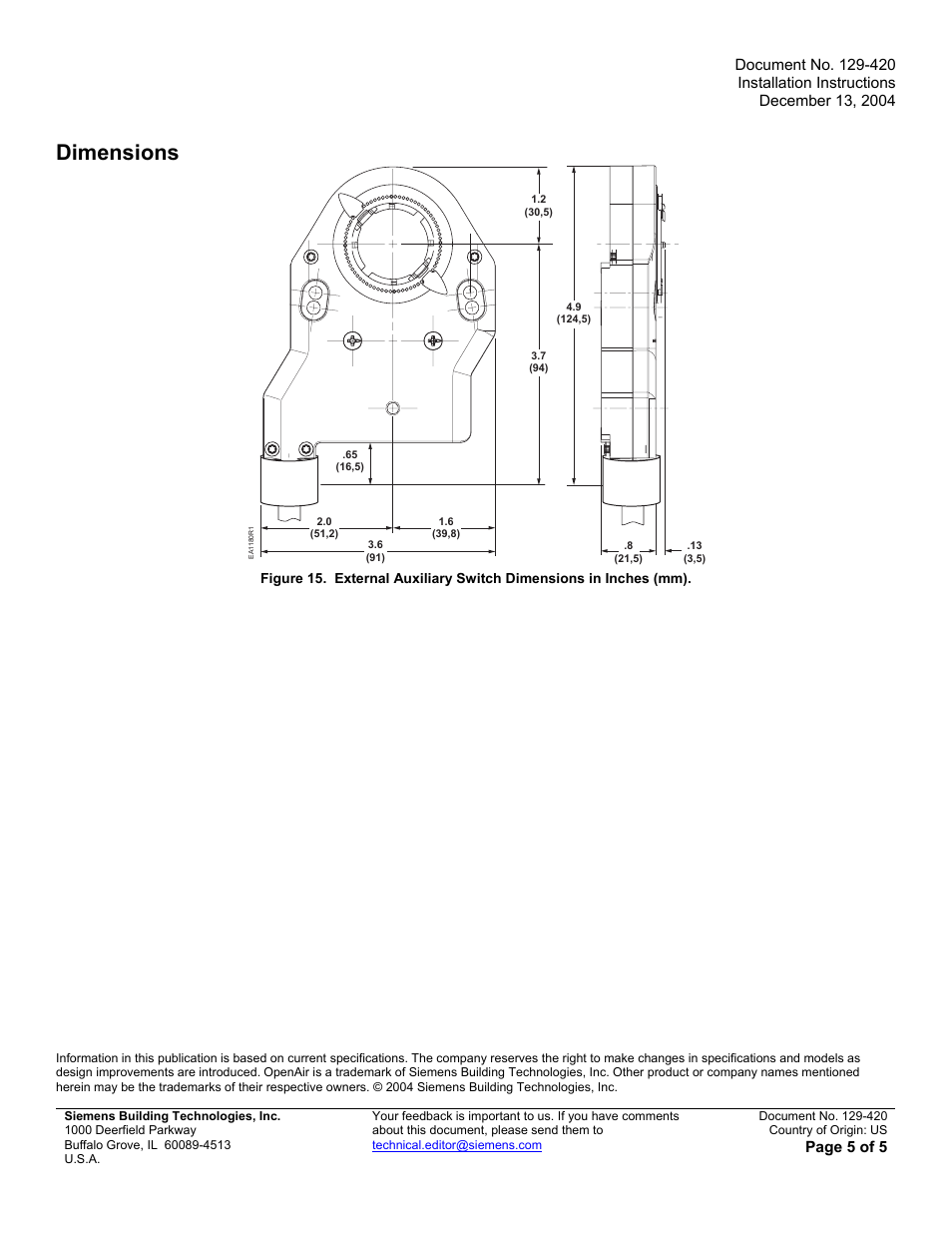 Dimensions, Page 5 of 5 | Siemens ASC77.2U User Manual | Page 5 / 5