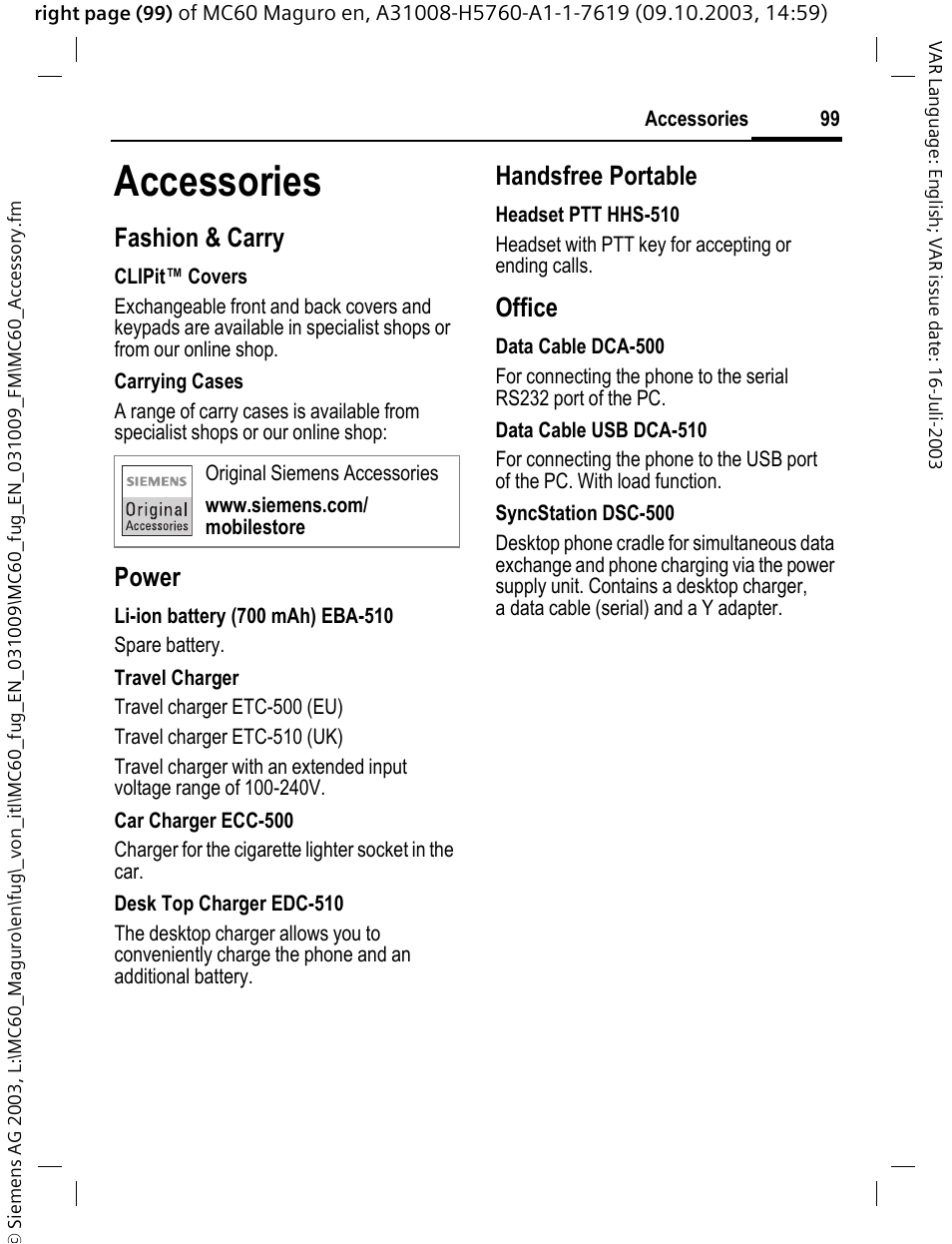 Accessories, Accessories, p. 99). for, Fashion & carry | Power, Handsfree portable, Office | Siemens MC60 User Manual | Page 100 / 118