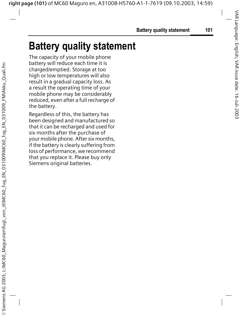 Battery quality statement | Siemens MC60 User Manual | Page 102 / 118