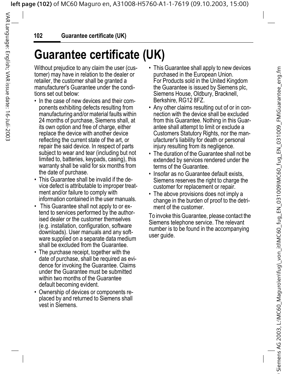 Guarantee certificate (uk) | Siemens MC60 User Manual | Page 103 / 118