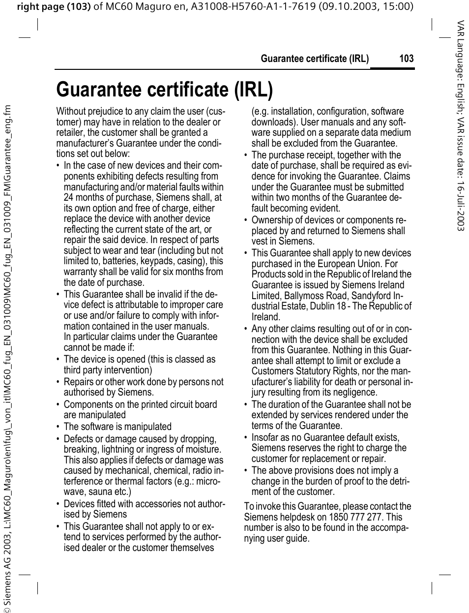 Guarantee certificate (irl) | Siemens MC60 User Manual | Page 104 / 118