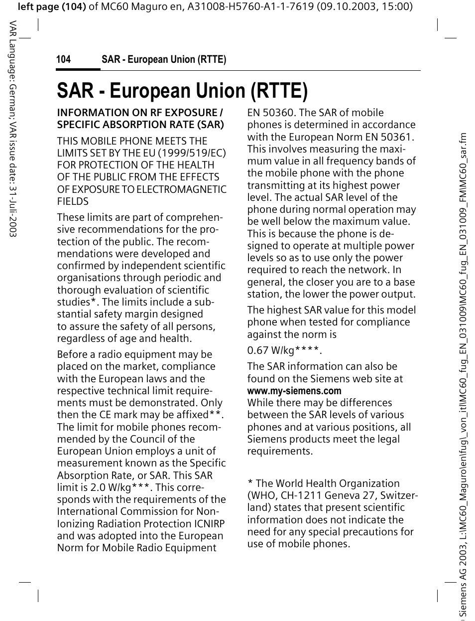 Sar - european union (rtte) | Siemens MC60 User Manual | Page 105 / 118