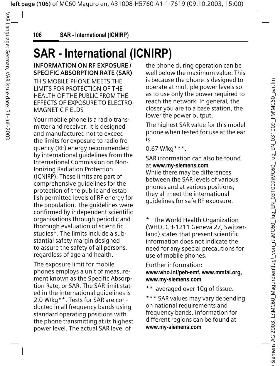 Sar - international (icnirp) | Siemens MC60 User Manual | Page 107 / 118