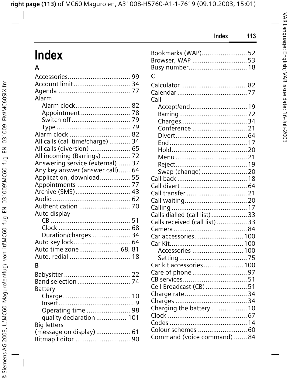 Index | Siemens MC60 User Manual | Page 114 / 118
